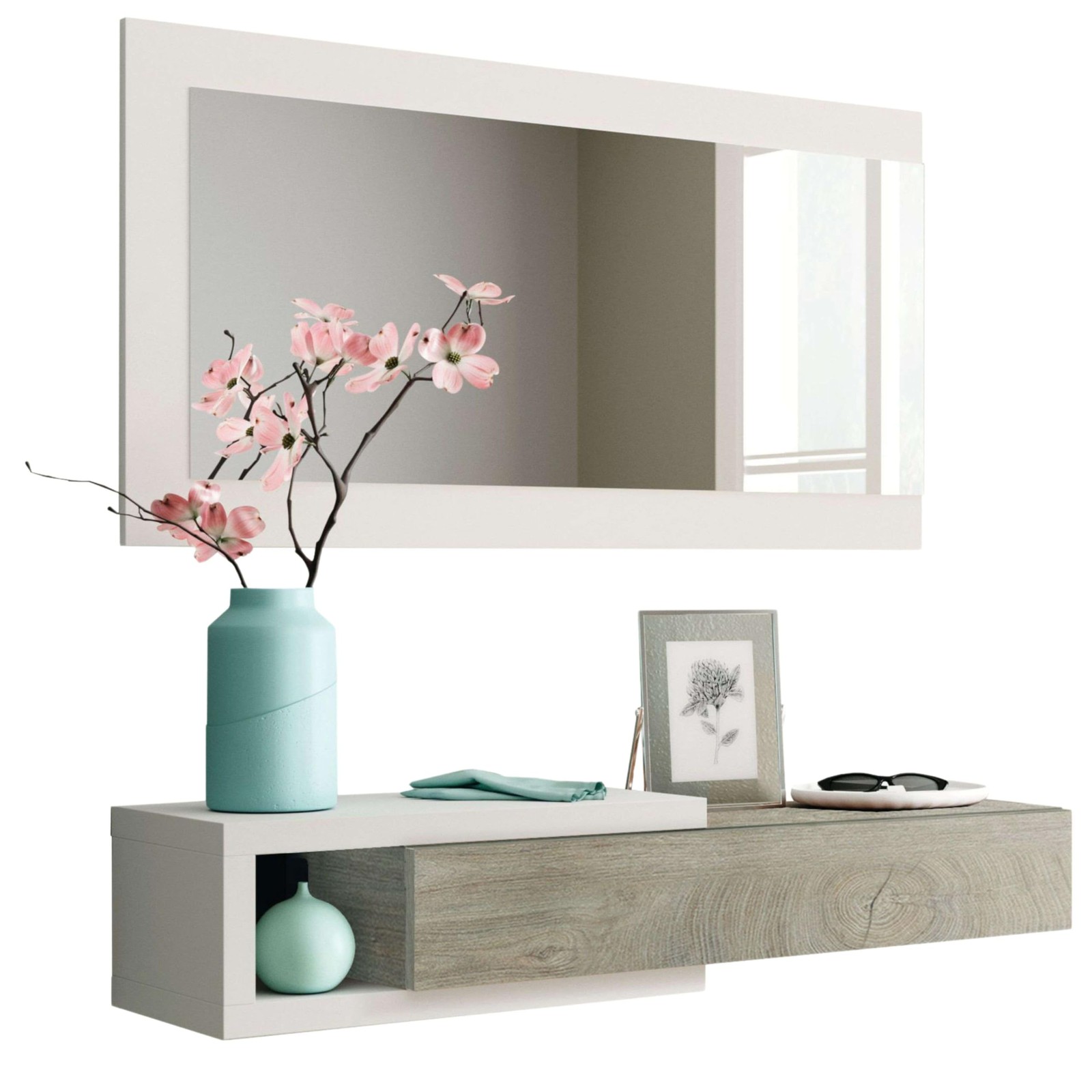 Meuble d'entrée blanc Noon avec grand miroir pour couloir lumineux