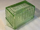 Vtg Anchor Hocking Block Optic GREEN Uranium Glass BUTTER DiSH 1930s, BASE & LiD