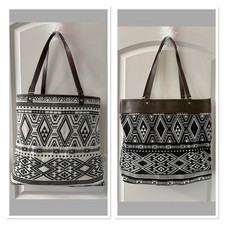 NEW Jewell By Thirty-One Reversible Tote Rio Weave Print Black White. Brown Trim