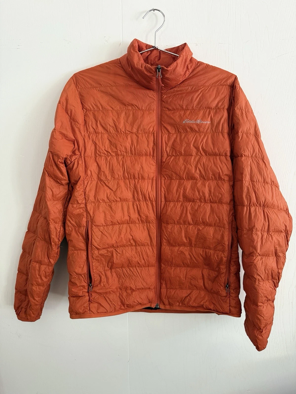 Eddie Bauer Puffer Jacket Mens M Orange Full Zip Line Down Insulated