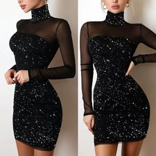 Womens Sexy Sequin Mesh Sheer Bodycon Ladies Cocktail Party Clubwear Mini Dress