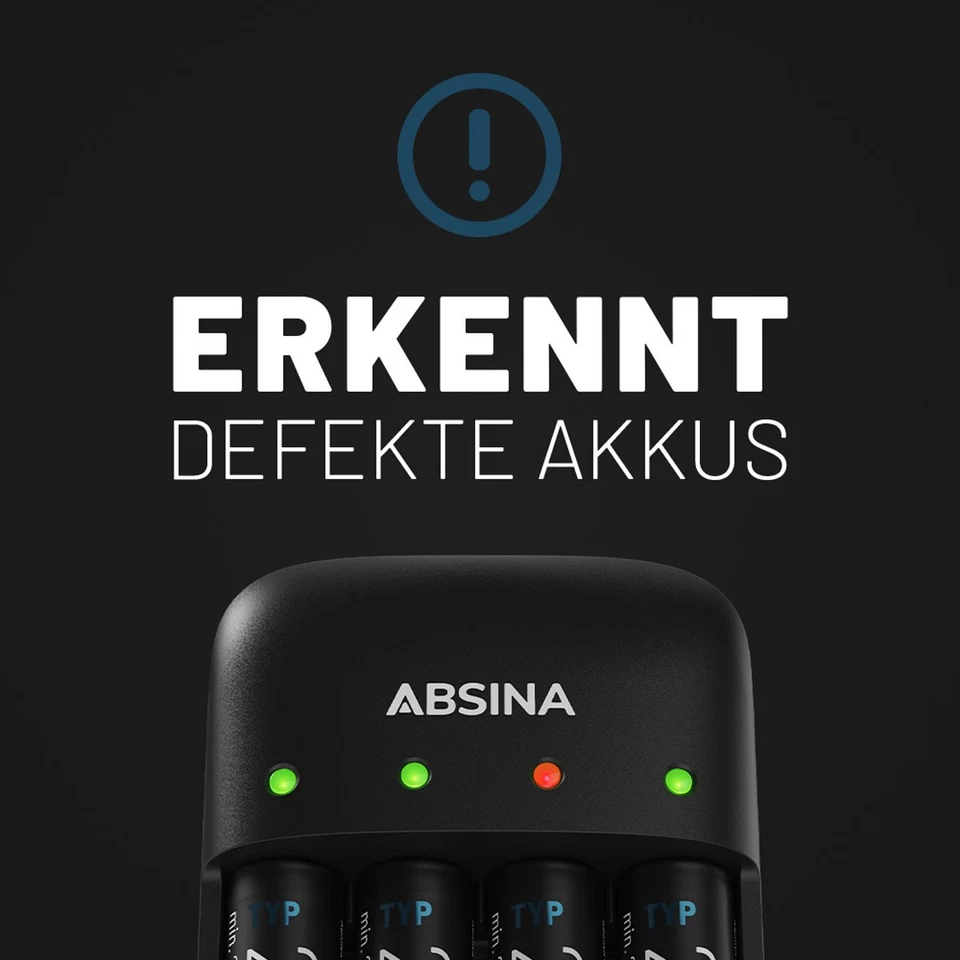 ABSINA Akku Ladegerät X4 für AA, AAA & 9V - Akkuladegerät inkl 4x AAA 1150 Akkus - Bild 4 von 4