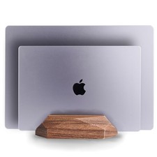 Dual Laptop Holder Adjustable Vertical Stand 2 Slots Wood Dock Fits MacBook Pro