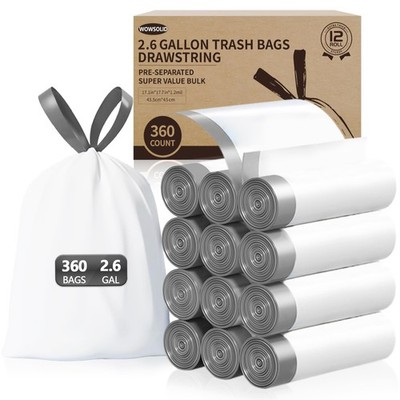 2.6 Gallon Mini Drawstring Trash Bags, 360 Count 1.2 Mil Thick Small Garbage ...