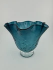 Vintage Blenko Turquoise Crackle Glass Ruffled Edge Vase With Clear Base