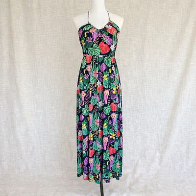 #ad #ad Betsey Johnson Paulina Halter Maxi Dress L NWT Tropical Floral Toucan Black $54.99