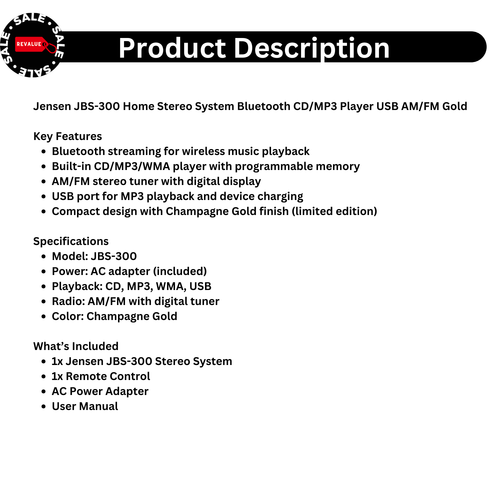 Jensen JBS-300 Home Stereo System Bluetooth CD/MP3 Player USB AM/FM Gold - Picture 2 of 10