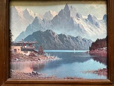 Vintage Conoco Print Lake Toblach Dolomites Gustav Weiss with Vintage Frame