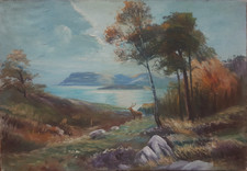 Tableau Ancien Huile Toile Début XX Paysage Bord Mer Nature Animaux Arbres Signé