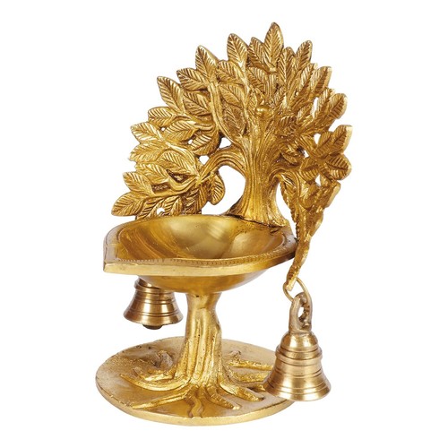 Brass Kalpavriksha Tree Diya with Bells Table Oil Lamp Diwali Deepak 7 Inch - Picture 4 of 6