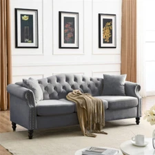 3-Seat Chesterfield Beige Velvet Sofa w/Rolled Arms & Nailhead for Living Room