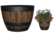 16" Dia x 11.5" H Resin Planter Garden Flower Plant Pot, Brown Walnut Barrel