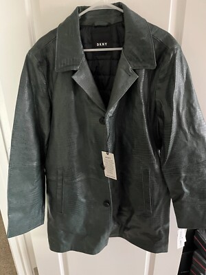 $695 DKNY Designer Dark Green Croc Genuine Leather Overcoat Jacket