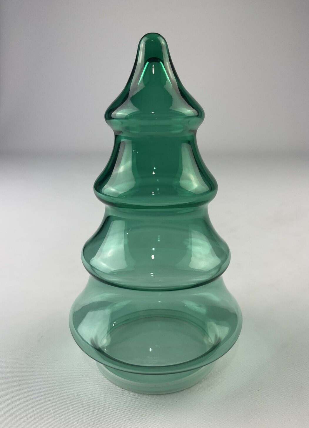 Green Glass Christmas Tree Shaped Candy Jar Container Vintage 7.5