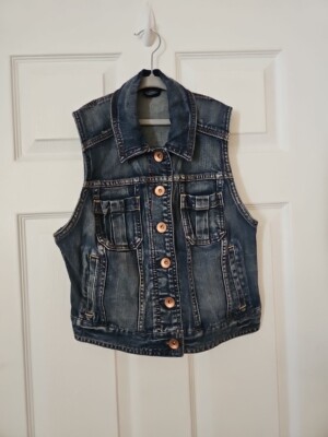 Vintage Express Denim Blue Jean Jacket Sleeveless Vest  Front Brass Buttons, S
