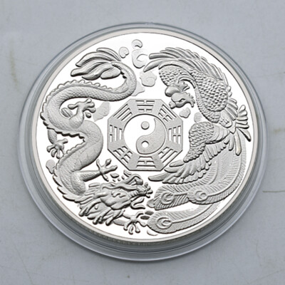 Chinese Dragon and Phoenix Silver Plated Challenge Coin Tai Chi