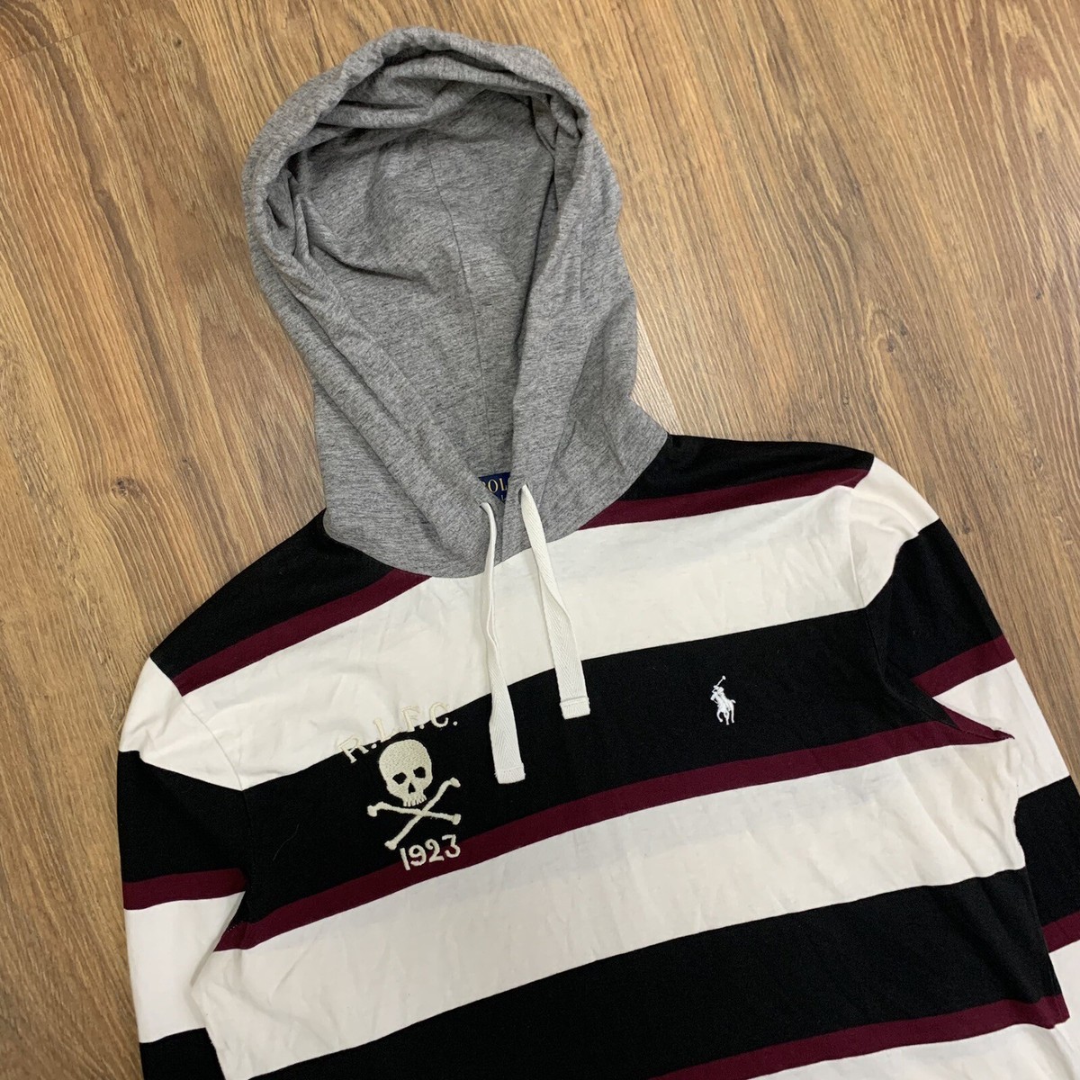 Mens Polo Ralph Lauren R.L.F.C 1923 Skull Striped Hoodie Size S