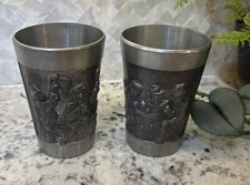 2 Vintage REIN ZINN German Pewter Drinking Cup OLD WORLD FOLK GENRE SCENES Stein
