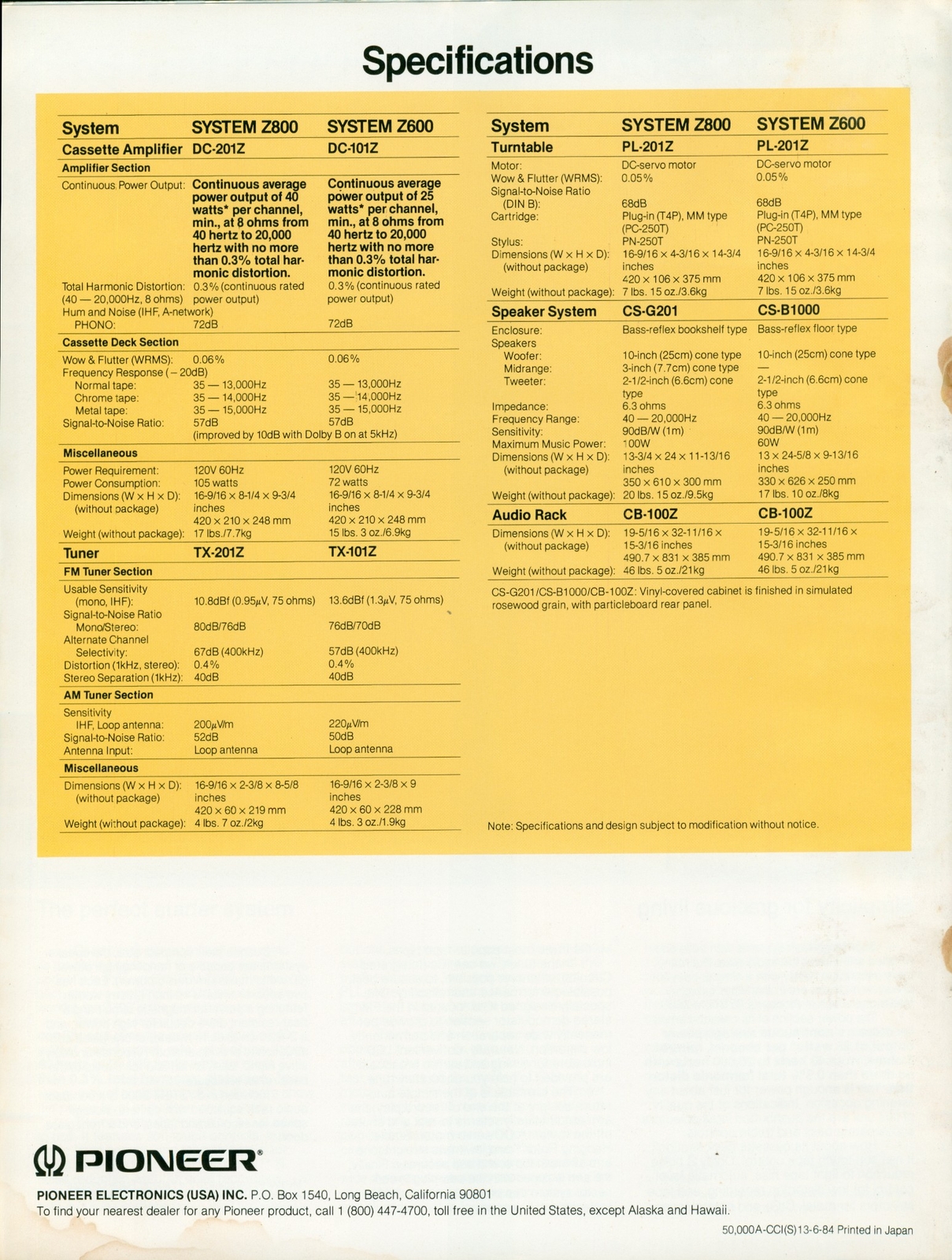 1984 Pioneer System Z800 Z600 Dealer Brochure Stereo HiFi Specs Vintage Audio