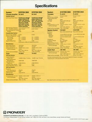 1984 Pioneer System Z800 Z600 Dealer Brochure Stereo HiFi Specs