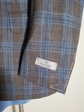 40R 50 CANALI 1934 Brown Blue Wool Silk Linen Plaid Sport Coat Jacket Blazer