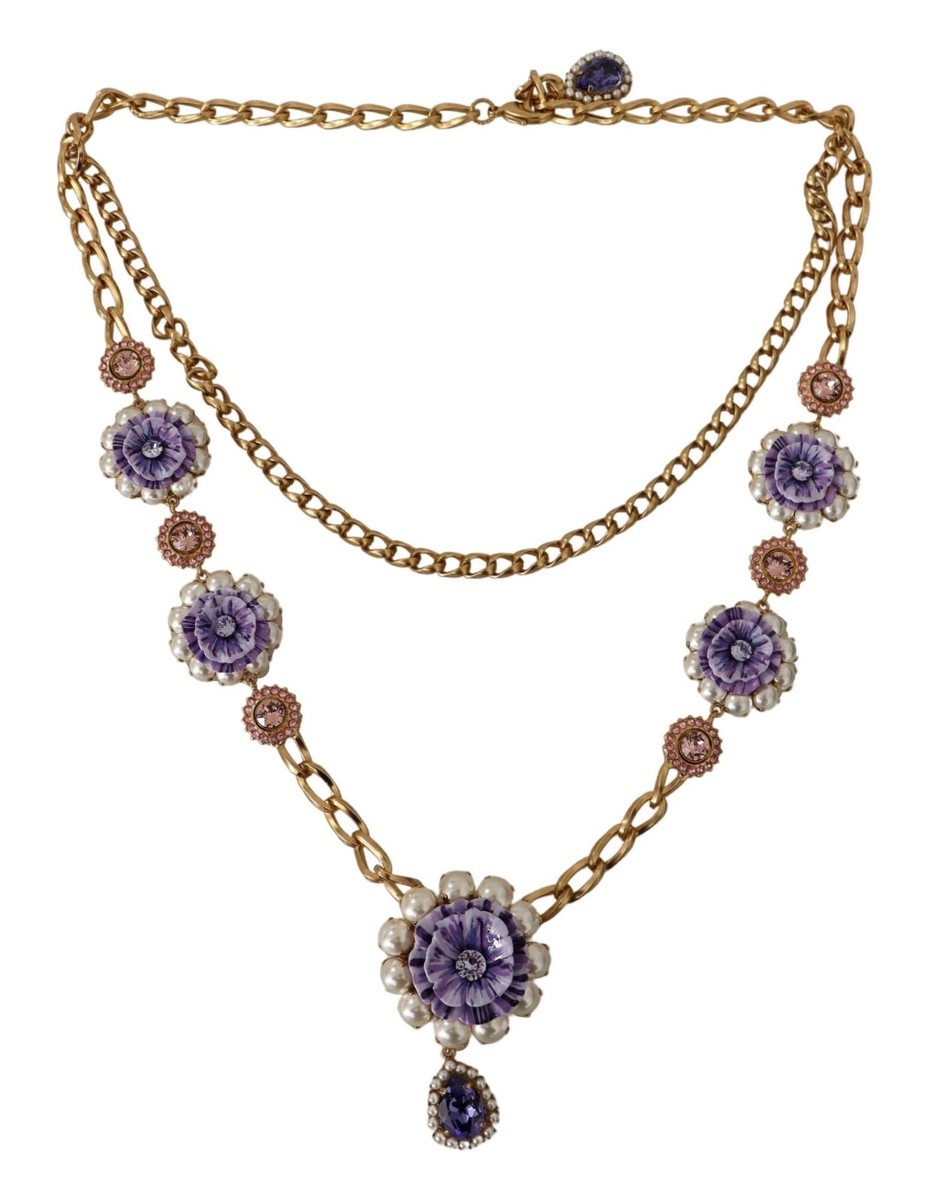 DOLCE & GABBANA Necklace Gold Tone Floral Crystals Purple