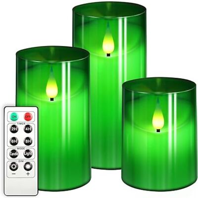 Flickering Flameless LED Green Glass Candles Battery Operated Timer with Remote