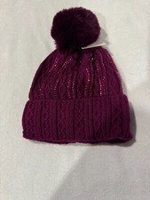 Women faux fur removable pom pom Beanie Hat Dark Purple with Front Glitter