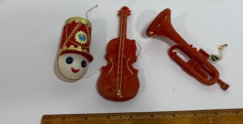 Lot 3 Star Band Flocked Ornaments Xmas Trumpet Violin Orange Red Vtg Instrument - Picture 4 of 12