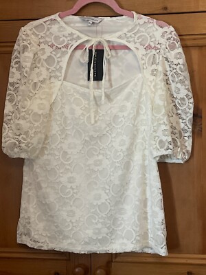 Kaleidoskop Größe 16 cremefarbene Ellbogenärmel Spitze TOP Krawatte Hals Abend Anlass