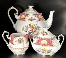 Royal Albert Lady Carlyle Teapot W/Creamer & Lidded Sugar Bowl Set EUC 1944circa