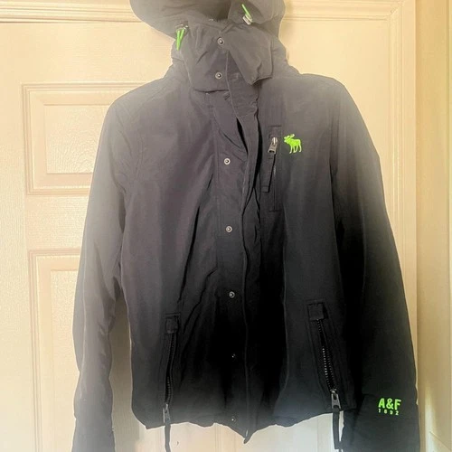 Abercrombie & Fitch Men's Small Navy Hooded Lined Winter Jacket Neon Green Moose video thumbnail