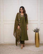 Green Anarkali Kurta Palazzo Dupatta Set, Indian Designer Salwar Kameez Stitched