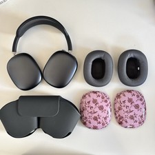 AirPods Max black with protective carry case and pink Burga covers