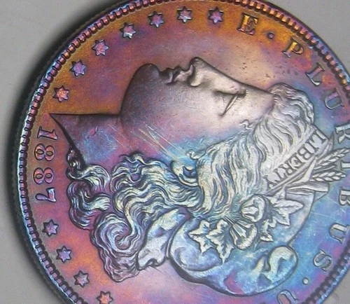 1887 Morgan Silver Dollar * * Storage Tarnished Rainbow Toned * AU/UNC ** NICE !