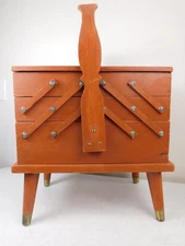 Vtg MCM Cantilevered Accordion Wood Sewing Box Chest 3 Tier 1960s Legs Brass Cap