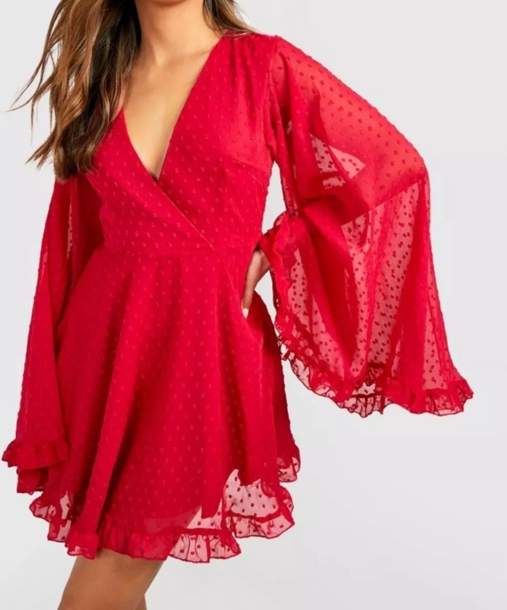 Boohoo Dobby Chiffon Wide Sleeve Red Skater Dress - Size UK8 | eBay UK