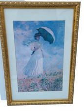 Vintage Canvas Painting Woman with a Parasol Madame Monet Golden Frame 18" x 26"