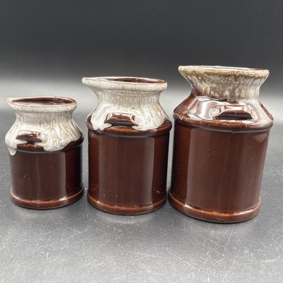 Vtg Milk Can Measuring Cups Japan Glazed Pottery Brown 1/4, 1/2 & 1 Cup Set Of 3