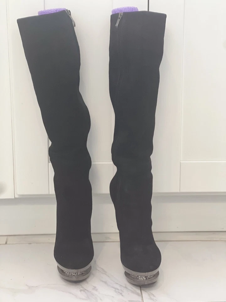 Botas con tacón Swarovski Gianmarco Lorenzi cristal tacón debajo de la rodilla, talla 9,5 Foto 3 de 4