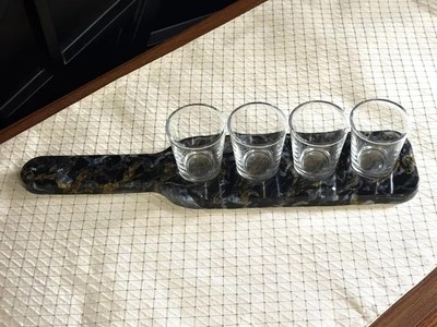 Black Silver Gold Marble Look Resin Flight Board With 4 Shot Glasses 13  Paddle