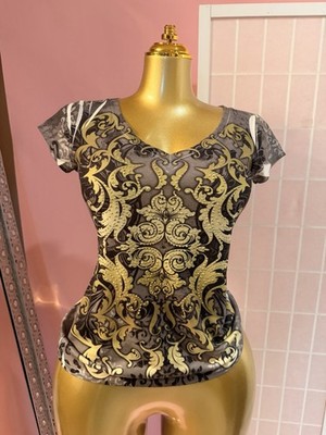 Cache Sexy Gold Embellished V-Neck Plunge Top EUC