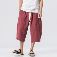 Men Harem Pants Baggy 3/4 Cropped Trousers Loose Fit Bottoms Cotton Linen Shorts