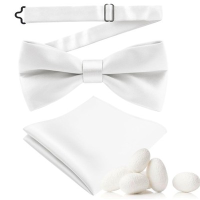 Mens 100% Mulberry Silk PreTied Bow Tie Pocket Square Set Solid Color