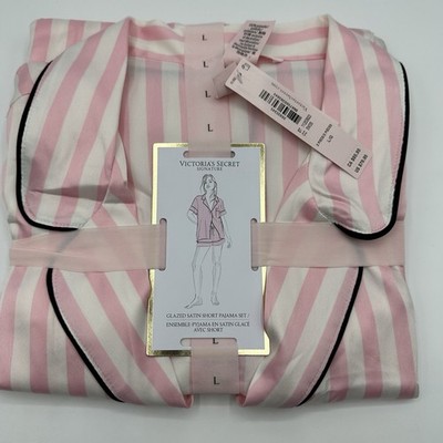 Victoria s Secret Satin Short Set Pajama Pj s Pink Iconic Stripe Size L