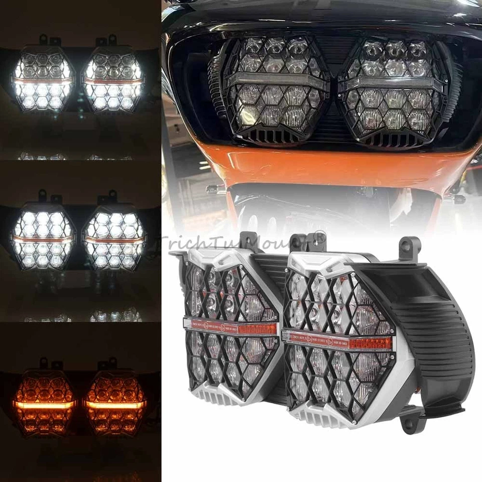 Motorcycle 240W Honeycomb LED Headlight DRL for Harley Road Glide FLTRX 15-23 - Image 2 of 4