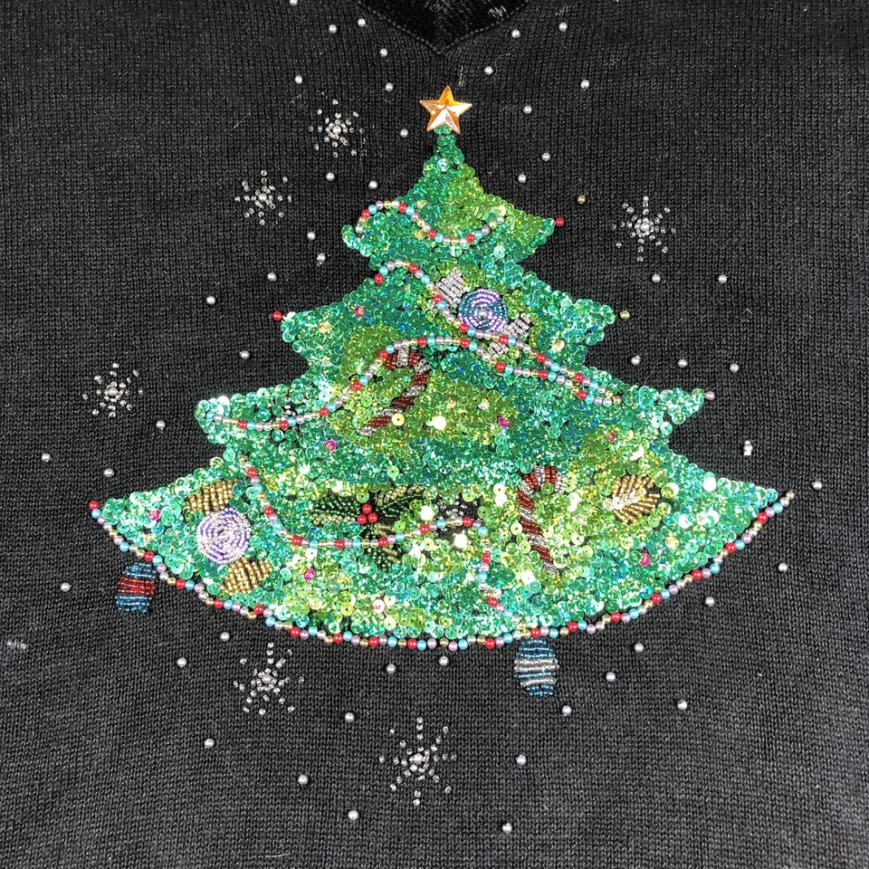 Quacker Factory Sweater Womens 1X Black Sequin Beaded Christmas Tree Holiday - Image 2 of 4