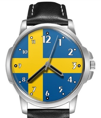 Flagge Schweden Sammlerstück Lederband großes Zifferblatt Geschenk Armbanduhr