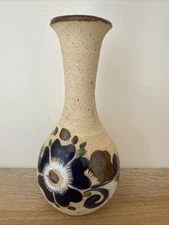 Vintage Tonala Mexican Art Pottery 6.5 Inch Vase Signed VS Blue Floral