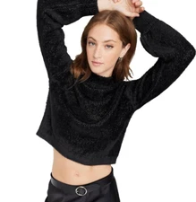 Women's Mock Turtleneck Fuzzy Boxy Pullover Sweater Wild Fable Black Lurex XXS